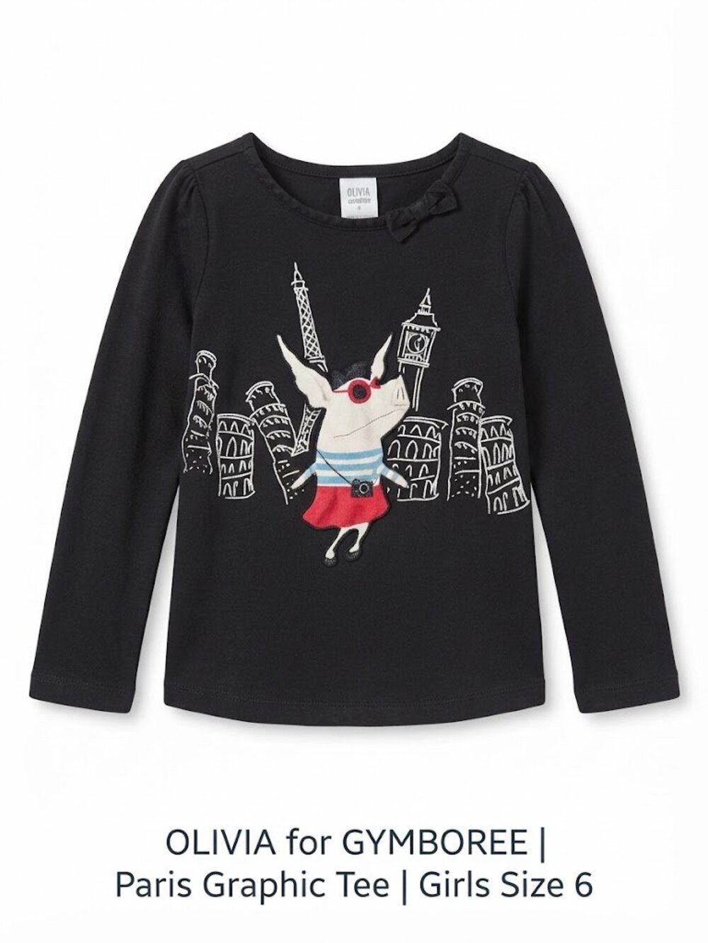 Gymboree Olivia the Pig Paris Graphic Long Sleeve Black Shirt Girls Size 6
